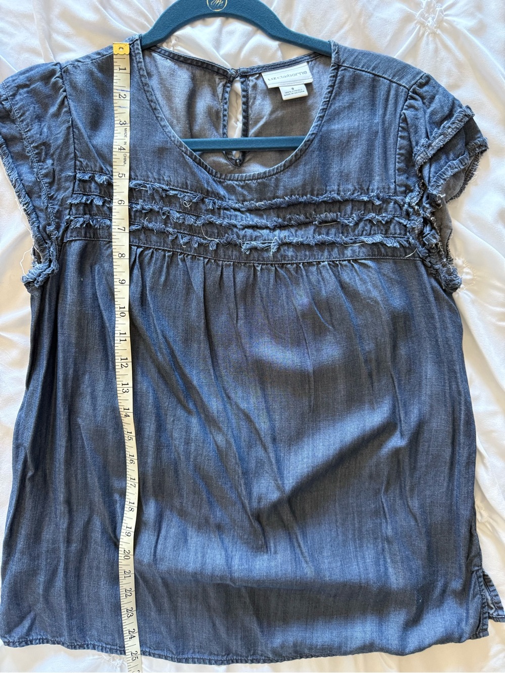 Liz Claiborne Blue Denim-Look Short Sleeve Ruffle Yoke Top